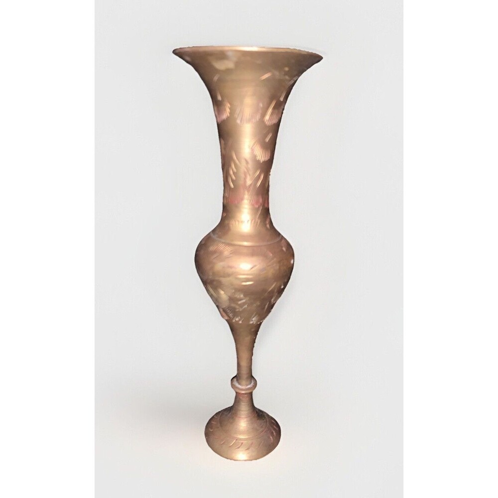 Vintage Solid Brass Small Vase 6 Inch - Etched